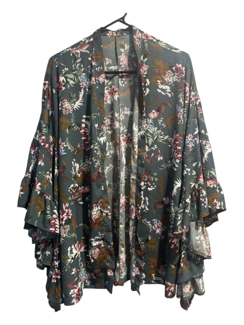 Floral Ruffle Open-Front Kimono Sweater - Green